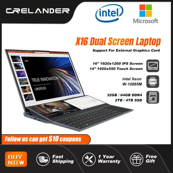 Ordinateurs portables CRELANDER X16 à double écran 16 pouces + 14 pouces à écran tactile Intel 10e Windows 11 Ordinateur portable PC portable