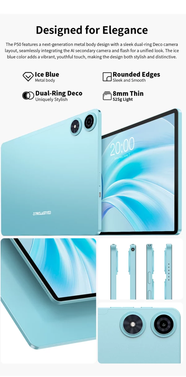 Teclast P50 2025 tablette Android 15 11 "IPS 90Hz 20GB(8GB + 12GB) RAM 128GB ROM T606 8 cœurs 7000mAh 4G LTE GPS Widevine L1 type-c – Image 16
