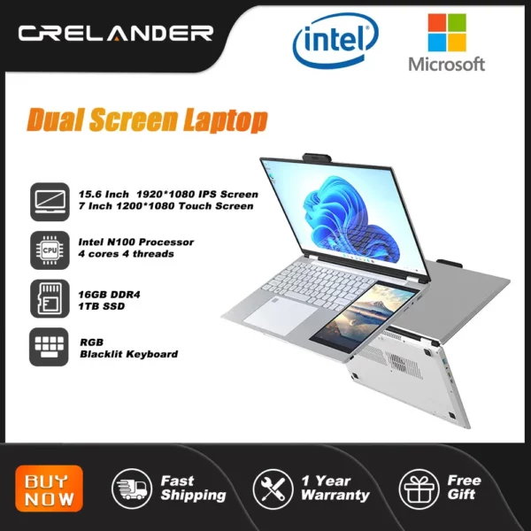 Crelnader double écran ordinateur portable 7 pouces écran tactile boîtier métallique RGB rétro - éclairage empreintes digitales déverrouiller la fenêtre 11 Ultra - mince ordinateur portable
