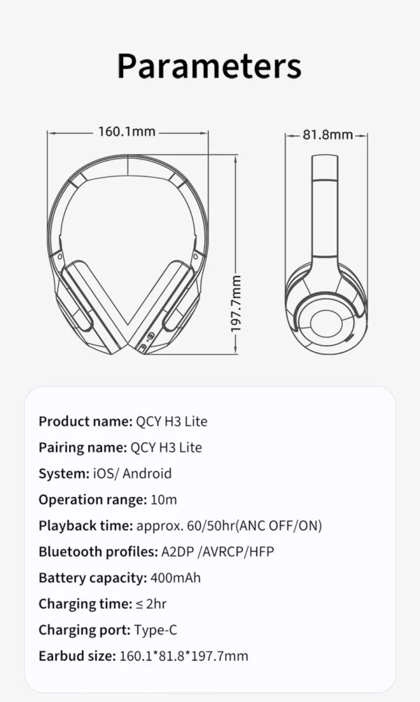 QCY-Écouteurs sans fil et filaires H3 Lite ANC, Bluetooth 5.3, casque supra-auriculaire pliable, son HIFI, 60 heures de lecture, écouteurs pour touristes allergiques – Image 23