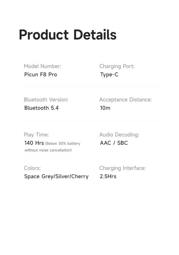 Picun F8 Pro ANC casque sans fil suivi de la tête Audio spatial 3D-52dB ANC HIFI Bluetooth casque ENC HD micro application à faible latence – Image 47