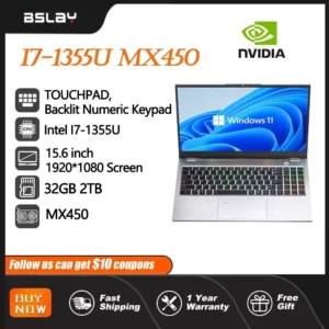 Ordinateur portable 15.6 pouces Intel I7-1355U NVIDIA MX450 clavier rétro-éclairé 32GB RAM 2 to SSD DDR4 Win11 déverrouillage par empreinte digitale ordinateur de jeu