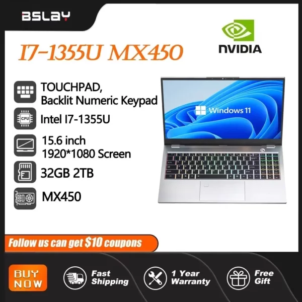 Ordinateur portable 15.6 pouces Intel I7-1355U NVIDIA MX450 clavier rétro-éclairé 32GB RAM 2 to SSD DDR4 Win11 déverrouillage par empreinte digitale ordinateur de jeu