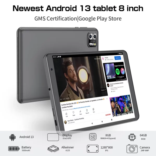 ITOM-Tablette Android 13 avec Wi-Fi, 8 Go de RAM, 4 + 4 Go de RAM, 64 Go de ROM,1 To de ROM, écran IPS 1280x800, batterie 5000mAh, caméra pour touristes, magasin – Image 12