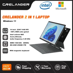 CRELANDER Ordinateur portable 2 en 1 , écran IPS 14 pouces (2240 ​​x 1440), processeur Intel 12e génération DDR4, SSD M2 16 Go/32 Go, Windows 11, tablette PC, ordinateur portable