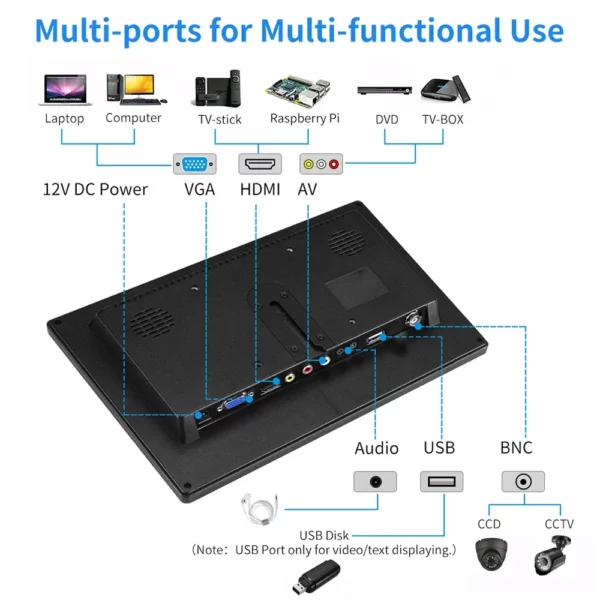 Petit moniteur de sécurité Portable avec double haut-parleurs intégrés, entrée HDMI VGA BNC pour ordinateur Portable CCTV Raspberry Pi Xbox PS3/4/5 – Image 5