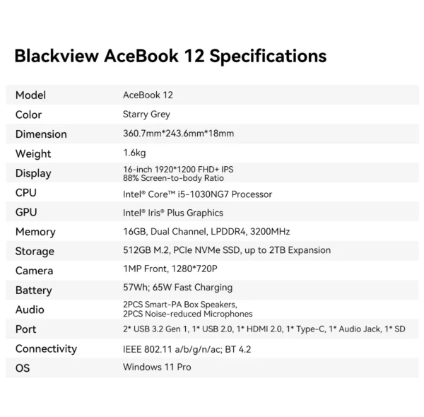 Blackview Acebook 12 P1 11 Pro ordinateur portable 16 en effet écran 1920*1200, Intel I5-1030NG7 Notebook, 16GB 512GB, 5000mAh, langue russe – Image 48