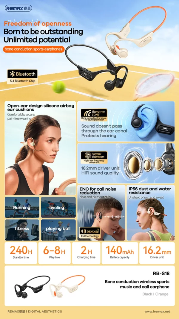 REMAX Conduction osseuse sans fil sport casque Bluetooth 5.4 écouteur IP56 étanche à la poussière ENC réduction du bruit RB-S18 – Image 7