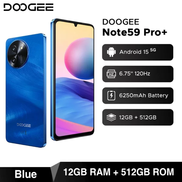 DOOGEE Note59 Pro + 5G Smartphone Android 15 Version mondiale 6250mAh batterie 6.75 ''120Hz affichage 12GB 512GB téléphone portable NFC – Image 7