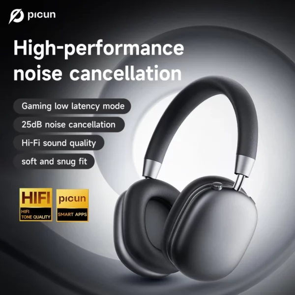 Picun F5 ANC casque sans fil Bluetooth 5.3 haute résolution Audio sur l'oreille casque 25dB annulation de bruit adaptative écouteurs 50H – Image 6