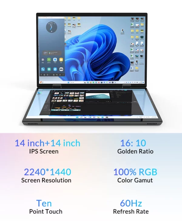 Crelander double écran ordinateur portable 14 + 14 pouces 2K écran tactile ordinateur portable Intel N95 CPU 360 degrés Flip Metal Shell 2 en 1 ordinateur portable – Image 12