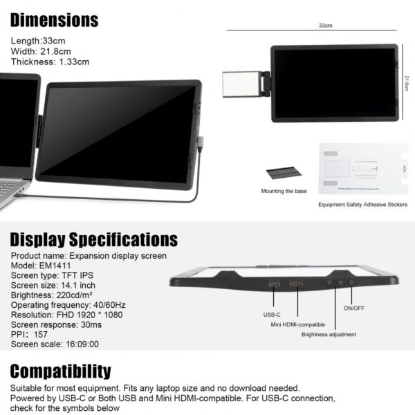 Écran d'extension pour ordinateur Portable 14.1 pouces, Support type-c 3.1 pliable FHD IPS, écran d'affichage de jeu pour téléphone Portable – Image 17