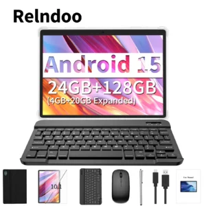 Relndoo 2025 Nouvelle tablette Android 15, 24 Go (4 + 20 Go élargi) RAM + 128 Go de ROM, écran IPS HD 10,1 pouces, WiFi, processeur T606, type C