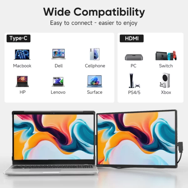 Dopesplay 14.1 pouces moniteurs portables 1200P FHD IPS simple double deuxième écran d'extension pour téléphone PC Mac 14-17 pouces ordinateurs portables – Image 5