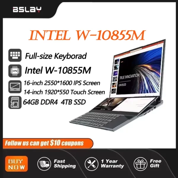 Intel Xeon W-10855M 16.1 + 14.1 pouces double écran 64GB DDR4 4 to SSD pavé tactile caméra HD 6 cœurs 12 fils 5.1GHz ordinateur portable de jeu