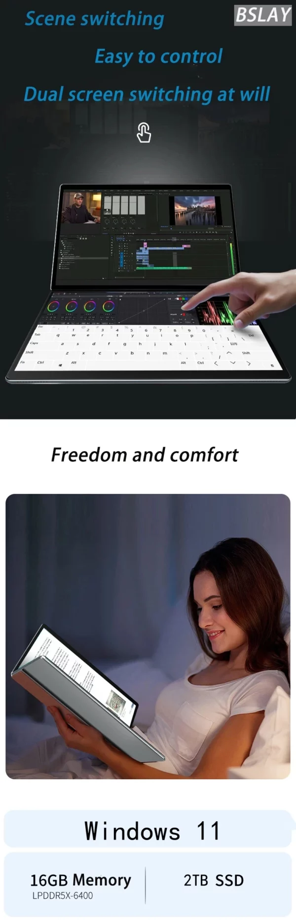 Tablette Double écran Intel N100 14 + 14 pouces, ordinateur portable, 16 go DDR5, 2 to, SSD HD, caméra 9000 mAH, 1920x1280, Windows 11 – Image 15