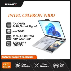 Ordinateur portable double écran 15.6 + 7 pouces, Intel N100, 32 go de RAM, 2 to SSD, DDR4, Win11, déverrouillage par empreinte digitale, caméra HD, clavier rétroéclairé
