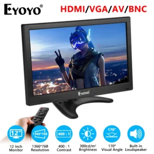 Eyoyo-Petit moniteur de bureau, écran de sécurité CCTV LCD 12 ", résolution 1366x768, haut-parleurs touristes, VGA, BNC, AV, entrées USB