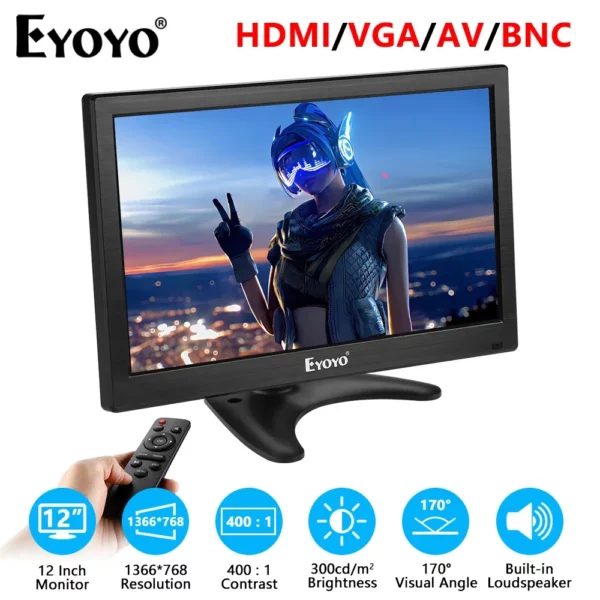 Eyoyo-Petit moniteur de bureau, écran de sécurité CCTV LCD 12 ", résolution 1366x768, haut-parleurs touristes, VGA, BNC, AV, entrées USB