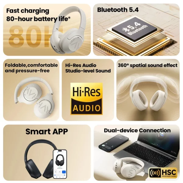 HAYLOU-Casque sans fil S30, Bluetooth 5.4, 43dB, écouteurs adaptatifs antibruit, ensembles de sauna, pilote 40mm, 80H de lecture – Image 2