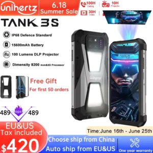Unihertz tank 3s 8849 smartphone alimenté avec projecteur 24GB 256GB Dimension 8200 téléphone portable 15600mAh 66W chargeur 64MP 5G téléphone