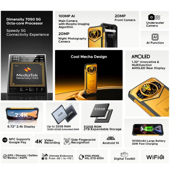 Première mondiale DOOGEE S200 X 5G téléphone robuste 12 + 512 Go Smartphone 6,72 "FHD + 120 Hz écran IPS dimension 7050 10100 mAh batterie 33 W – Image 14