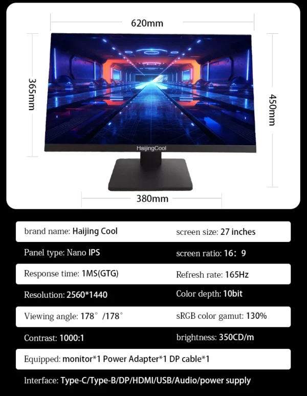 Moniteur Portable de 27 Pouces, 2K 165Hz, 144Hz, pour Joueur, Hz, 1ms, Synchronisation Libre, Caractère IPS, Conclusion d'Invite, Panneau LCD de Bureau, HDMI – Image 8