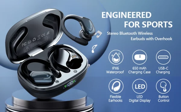 Écouteurs sans fil Bluetooth 5.3, avec bouton micro, contrôle du bruit, crochets d'oreille, casque étanche pour le sport – Image 8
