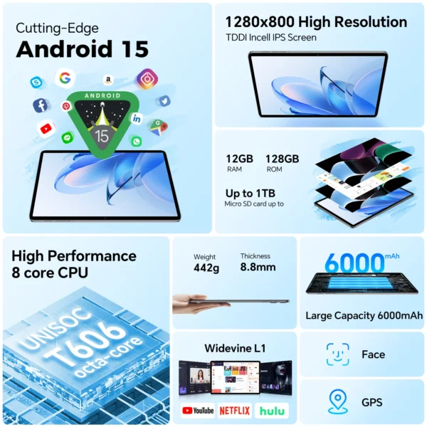 Teclast P30T Android 15 tablette 10.1 "IPS Max 12GB RAM 128GB ROM T606 8 cœurs 6000mAh clavier/étui/souris/stylet/casque/support – Image 2