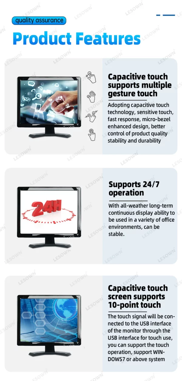 LESOWN-Moniteur à écran tactile LCD industriel, écran externe pour ordinateur de bureau, interface VGA uniquement, HD 1024x768, 15 pouces – Image 10