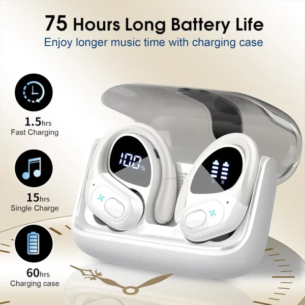 Écouteurs Bluetooth de sport, étanches IPX7, sans fil, 75 heures de musique, avec micro, affichage de puissance LED, crochet d'oreille souple, oreillettes TWS – Image 3