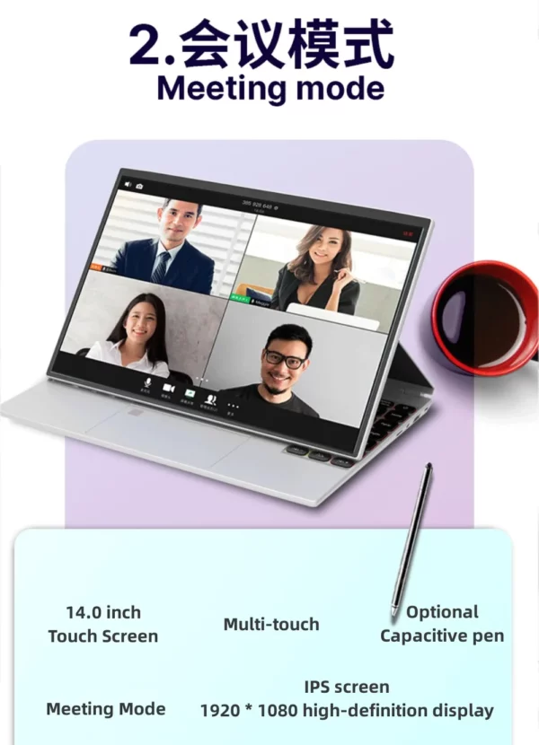 Ordinateur portable N95 Windows 11, rotation à 360 °, 14.0 en effet, écran tactile IPS, 32 Go, 128 Go-1 To, ordinateur portable, tablette 4 en 1, bureau d'affaires, Slim Touch ID, RVB – Image 4
