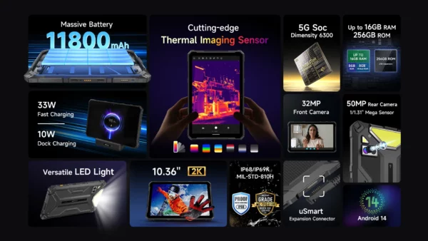 【Première mondiale】Ulefone Armor Pad 4 Ultra 5G Tablette robuste Imagerie thermique 11800mAh 10,36"2K 16GB + 256GB Android 14 Lumière LED – Image 17