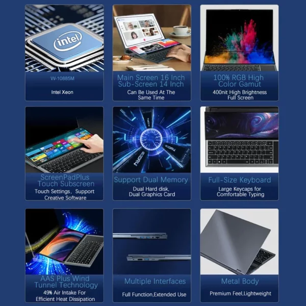 CRELANDER Ordinateur portable à double écran 16 pouces 2K + écran tactile 14 pouces Intel Xeon W-10855M 64 Go de RAM Zenbook Duo Ordinateur portable de jeu – Image 5