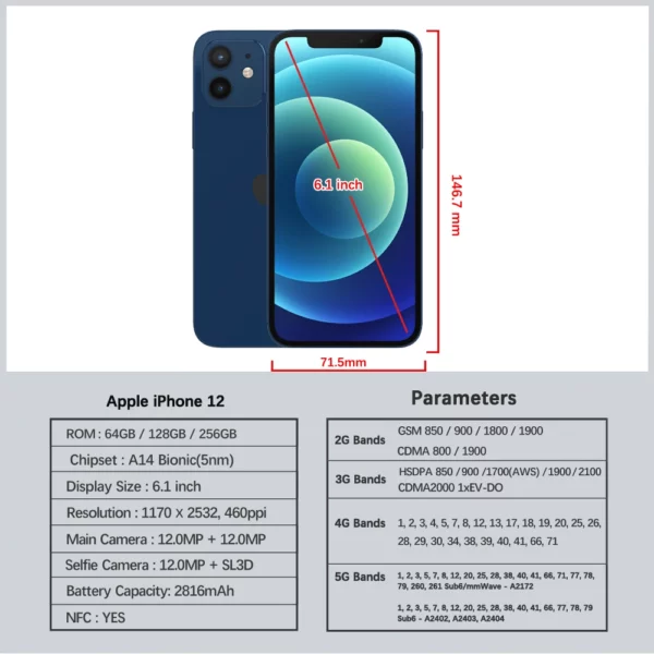 Apple iPhone 12 Face ID 6.1 "4G RAM 64GB/128GB/256GB ROM débloqué Smartphone écran OLED A14 puce bionique double caméras 12MP 12 – Image 2