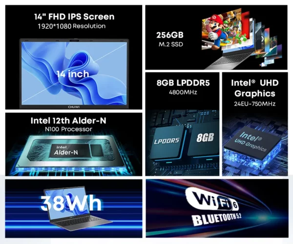 CHUWI-Ordinateur Portable GemiPleXPro, Processeur Intel N100, 600 GPU, Écran de 14.1 Pouces, 8 Go de RAM, 256 Go de SSD, avec Ventilateur de Refroidissement, Windows 11 – Image 11