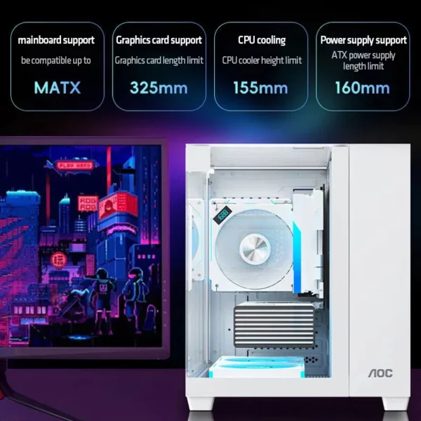AOC CG389 Gaming MATX boîtier pour ordinateur de bureau châssis d'ordinateur boîtier de pièce vue sur la mer Support en verre incurvé 5 positions de ventilateur 240 refroidissement par eau – Image 3