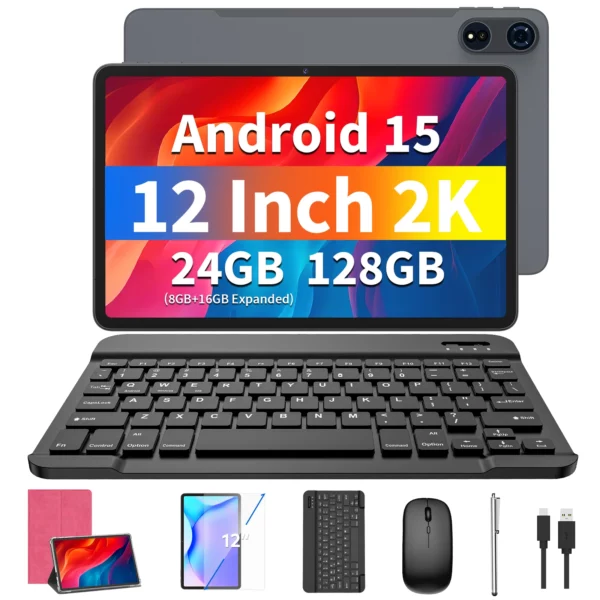 2025 Relndoo Nouvelle tablette Android 15 12 pouces, 24 Go (8 + 16 élargies) RAM + 128 Go de ROM, écran HD 2K, processeur T615, double caméra 8 + 16 MP – Image 8