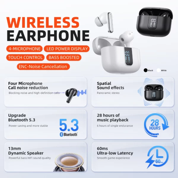 QERE E50 casque sans fil, TWS Bluetooth 5.3, Microphone HD, écouteurs HIFI, pilote 13mm, faible latence 60ms, 4 micros, appel ENC, nouveau – Image 4