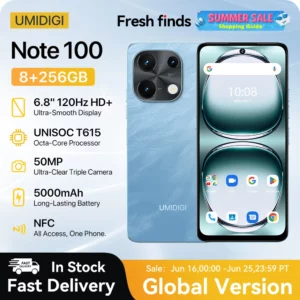 [Nouveau] UMIDIGI Note 100 Android 14 Smartphone 6.8 "HD + 120Hz 50MP caméra 8GB 256GB/6GB 128GB 20W 5000mAh double SIM NFC