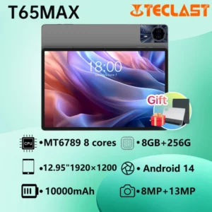 Patch last T65MAX Tablette, MT6789, G99 doyen à 8 cœurs, 2.2GHz, 8 Go de RAM, 256 Go, 12.95 pouces, 1200 × 1920iPS, Wi-Fi 5G, 4G, 10000mAh, Type-C, 13MP + 8MP, livré