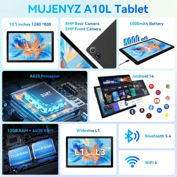 URAO A10L Android 14 tablette 10.1 pouces 12GB RAM 64GB ROM octa-core 5G WiFi avec clavier souris tactile stylo casque étui tablette Kit – Image 2