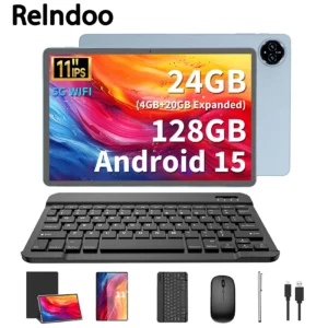 Relndoo nouvelle tablette 11 pouces Android 15, processeur T615, 24 Go(4 + 20 élargi) RAM + 128 Go ROM, WIFI, 5MP + 13MP, GPS, BT 5.0, Type C