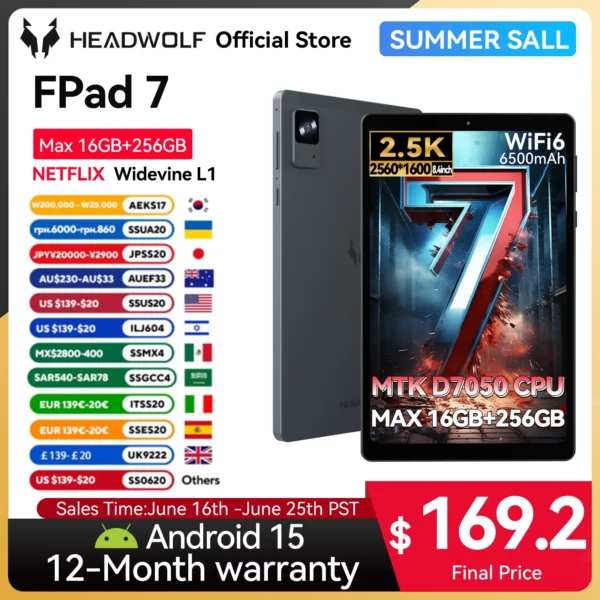 Headwolf FPad7 tablette 8 "FHD affichage Android 15 MTK dimension 7050 CPU 2560x1600 IPS/16GB + 256GB/ 4G LTE 4G LTE Version mondiale