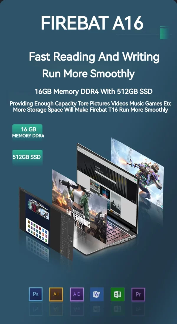 FIREBAT A16 16 pouces 100% sRGB Ultra mince DDR4 16G RAM 1 to 1920*1200 empreinte digitale Portable Intel N100 N5095 ordinateur Portable – Image 19