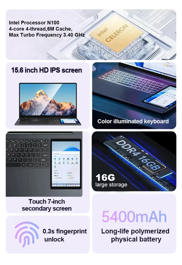 Crelander ordinateur portable Intel 15.6 "+ 7" Écran tactile 32gb RAM 1tb SSD rétroéclairé clavier ordinateur portable Windows 11 double écran – Image 9