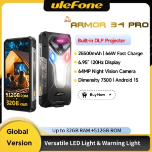 Ulefone Armor 34 Pro 5G AI 25500mAh téléphone robuste Smartphone Android 15 32GB + 512GB projecteur DLP intégré 6.95 "NFC téléphone portable