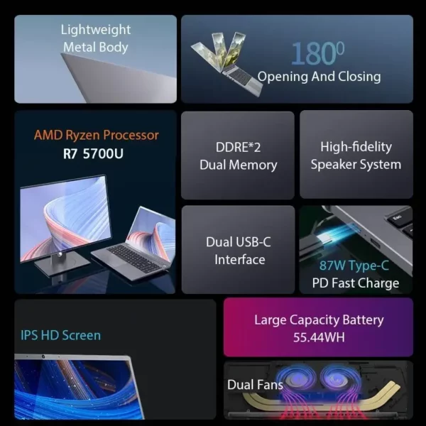 Ordinateur portable AMD Ryzen 7 5700U Gaming Lapmedicents, 15.6 pouces, injuste, Max Ram 64 Go, DDR4 MAX Rom 4 To, SSD, Windows 10, 11 Pro, Bluetooth, WiFi – Image 9