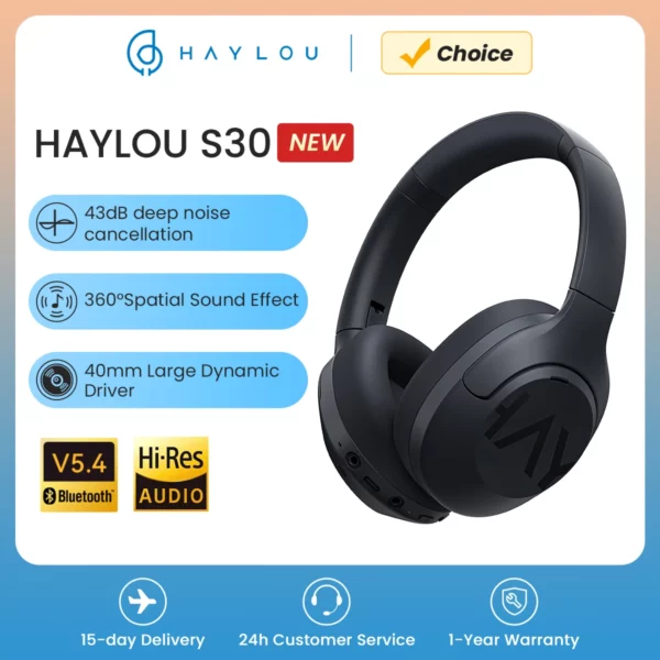 HAYLOU-Casque sans fil S30, Bluetooth 5.4, 43dB, écouteurs adaptatifs antibruit, ensembles de sauna, pilote 40mm, 80H de lecture