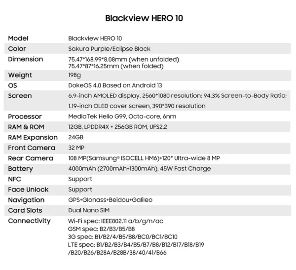 Blackview HERO 10-Smartphone avec Écran Pliant AMOLED de 6.9 Pouces, 12 Go de RAM et 256 Go de ROM, Caméra MTK 108MP, Helio G99, Première Mondiale – Image 56
